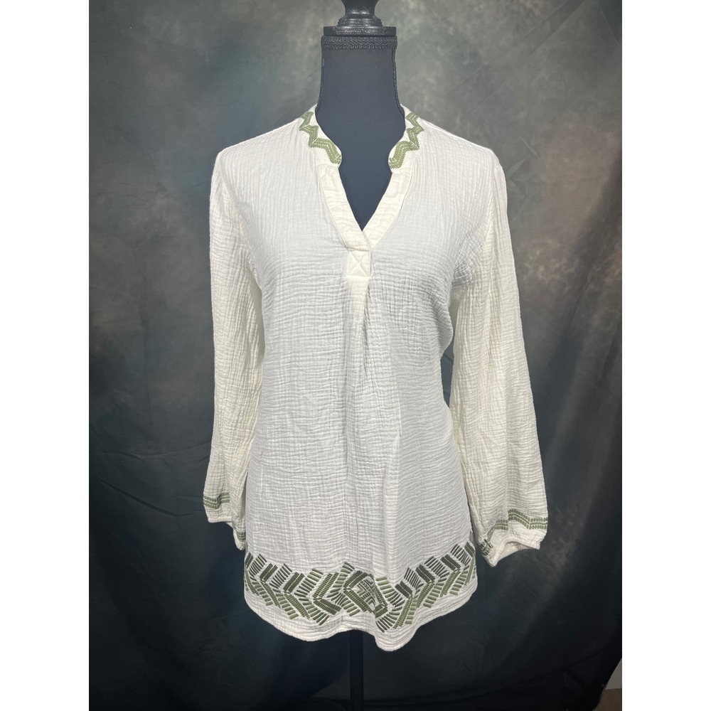 Soft Surroundings White Crinkle Gauze Embroidered Tunic Top L Olive Green Boho
